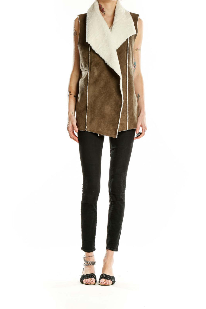 Front view of Susina brown faux shearling vest with cream draped collar