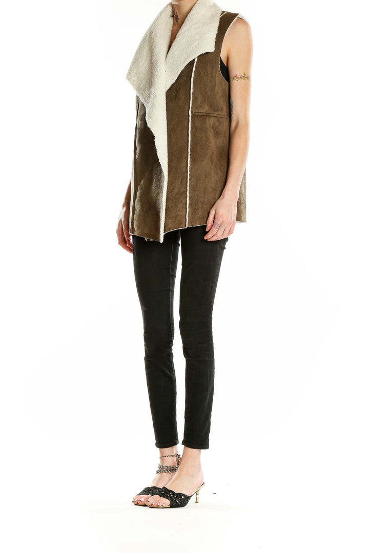 Front view of Susina brown faux shearling vest with cream draped collar