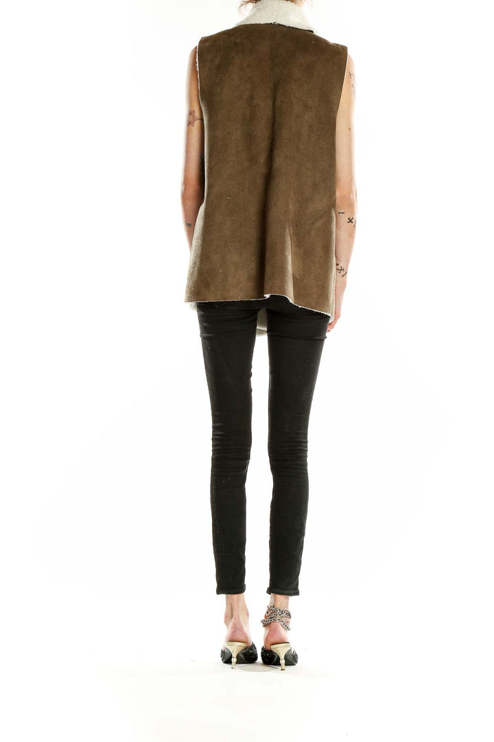 Back view of Susina brown faux shearling vest showing full length