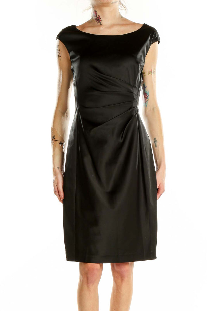 Front view of Lauren Ralph Lauren black satin sheath dress with boat neckline