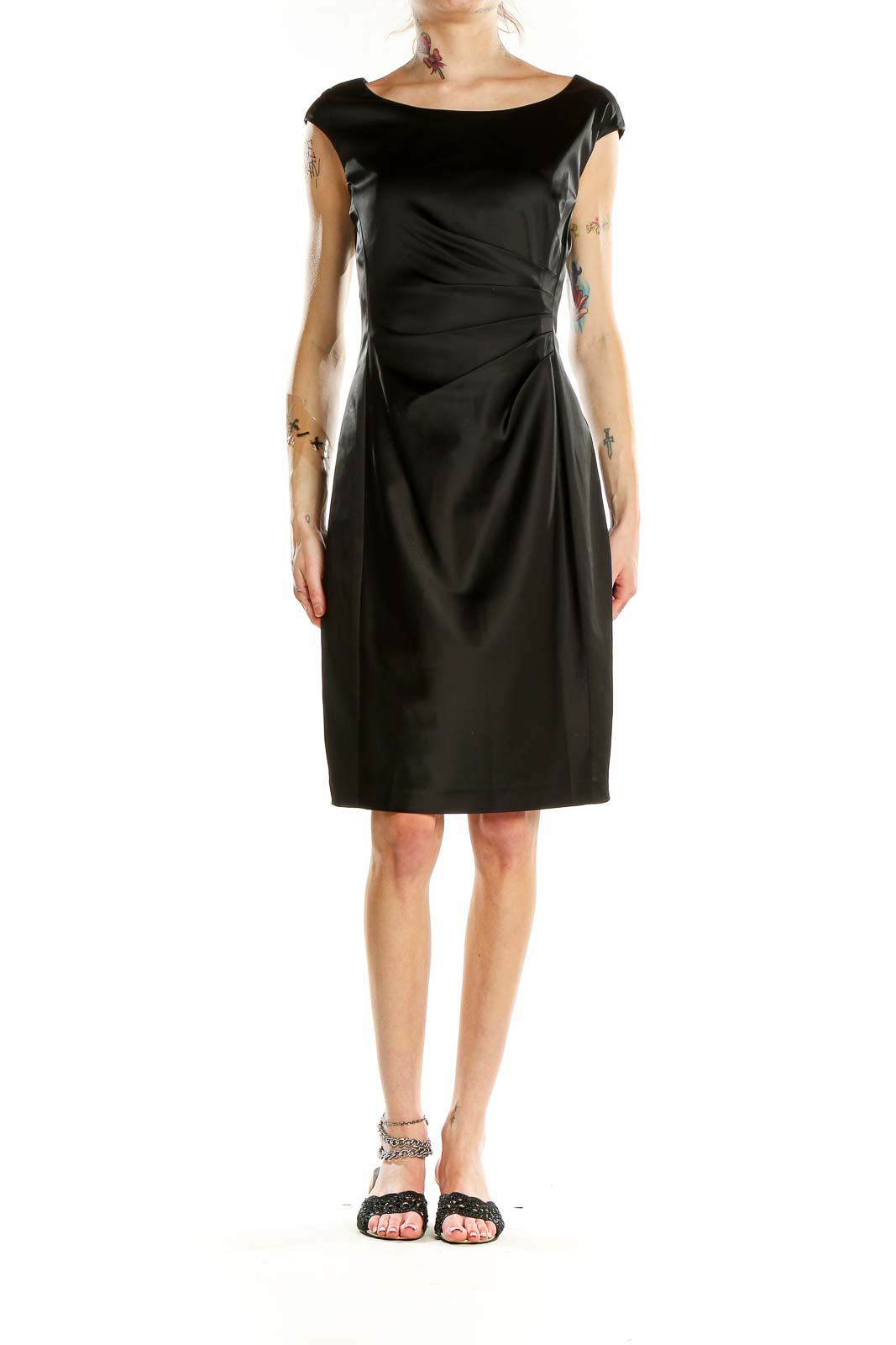 Front view of Lauren Ralph Lauren black satin sheath dress with boat neckline