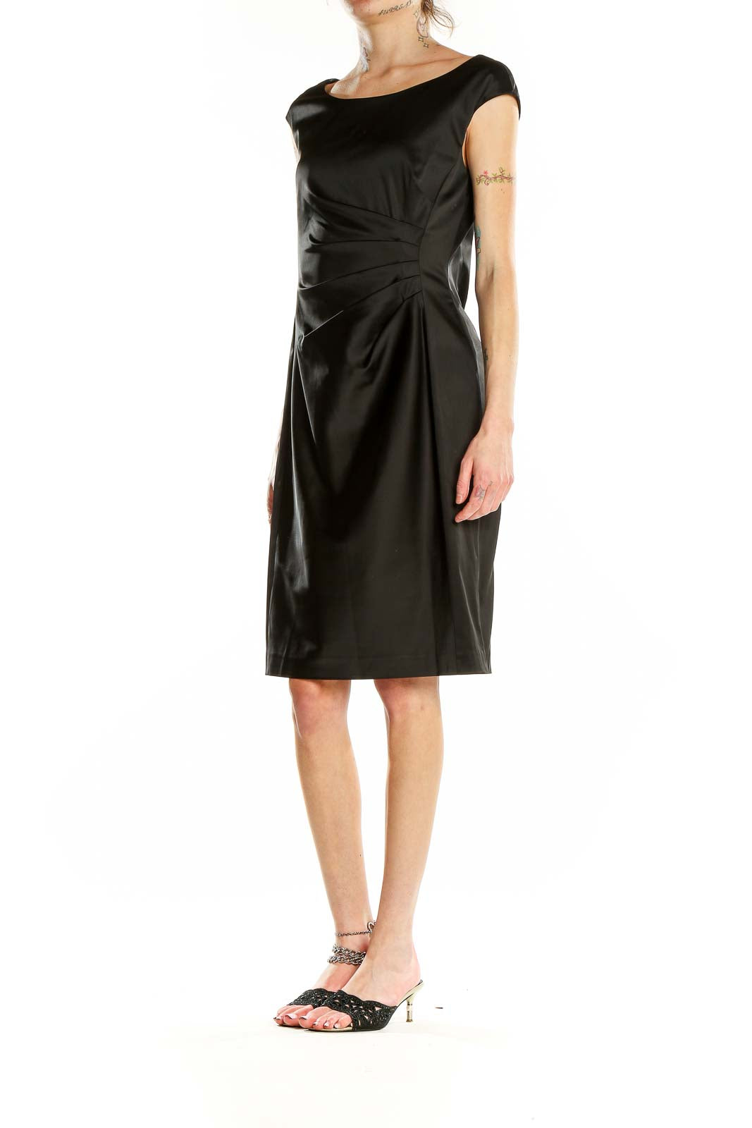 Front view of Lauren Ralph Lauren black satin sheath dress with boat neckline