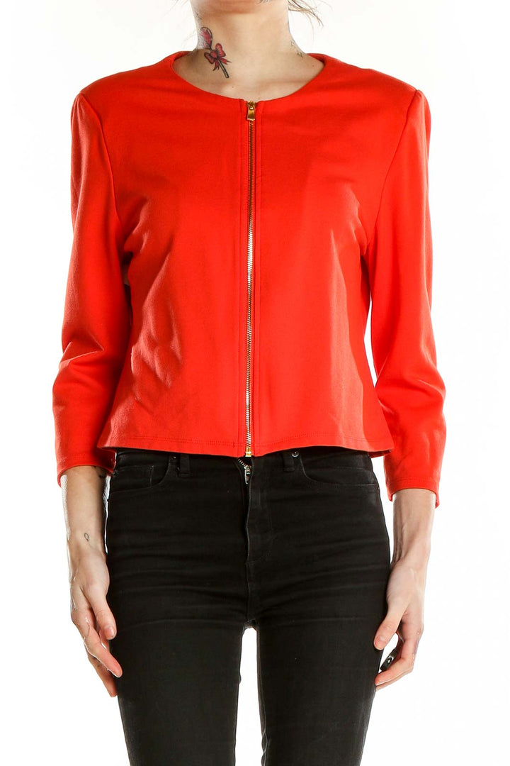 Front view of red Philosophy cropped jacket with zip closure