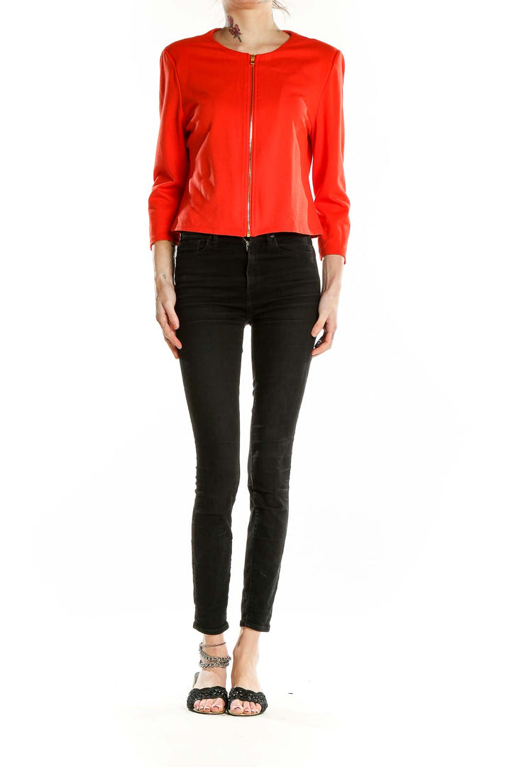 Front view of red Philosophy cropped jacket with zip closure