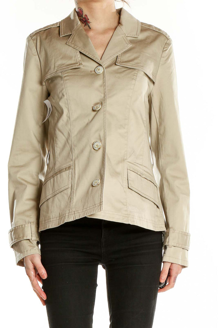 Front view of beige military-inspired jacket from White House Black Market