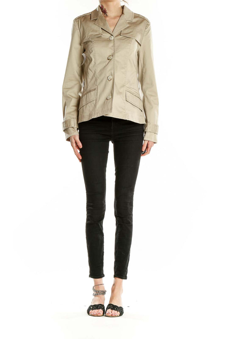 Front view of beige military-inspired jacket from White House Black Market