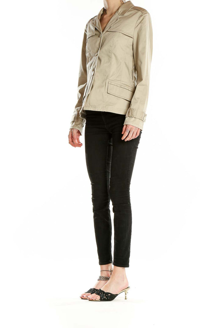 Front view of beige military-inspired jacket from White House Black Market