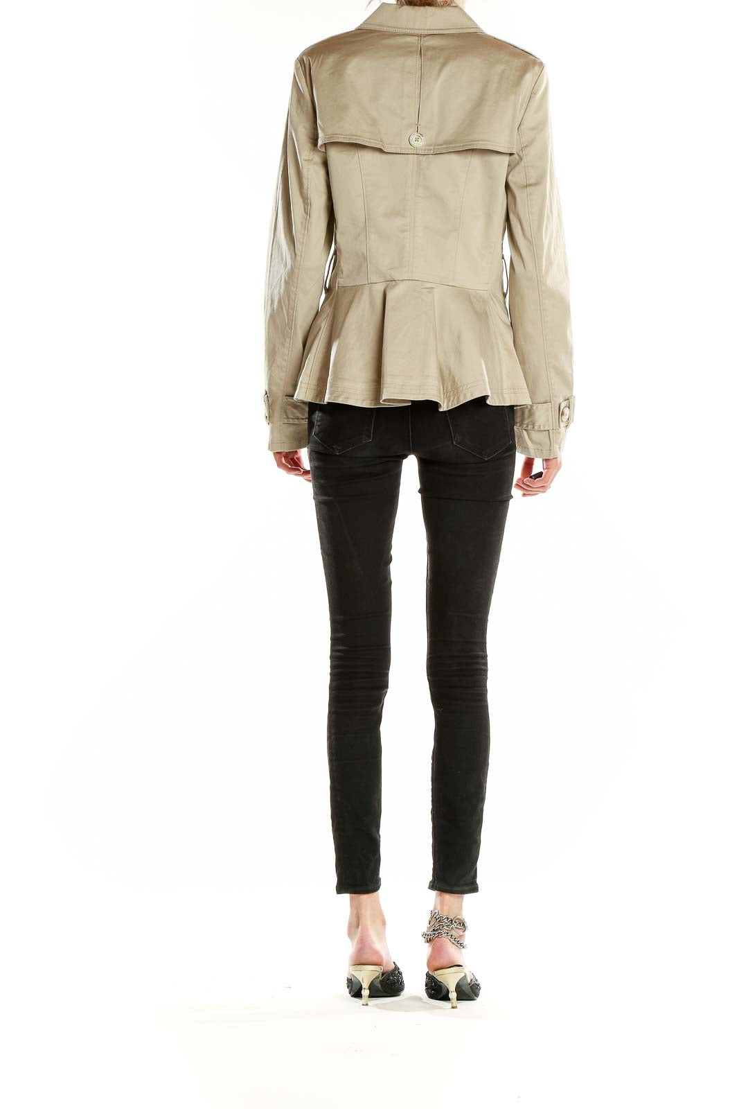 Back view of beige military-inspired jacket showing peplum detail