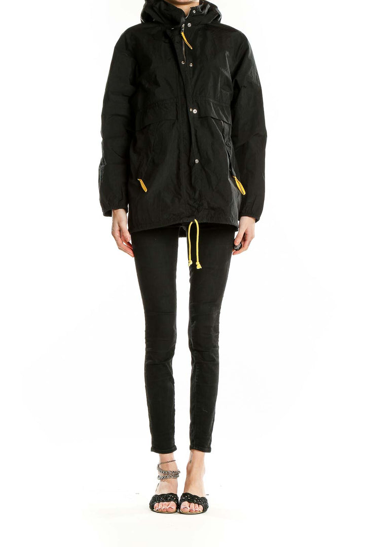 Front view of black Topshop hooded jacket with yellow zipper pulls