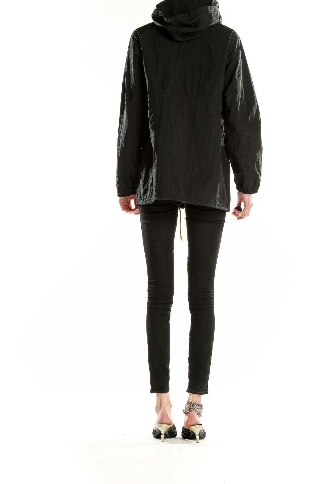 Back view of black Topshop hooded jacket showing full length