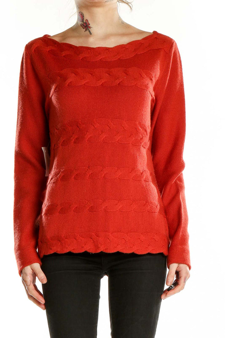 Front view of red Antonio Melani Merino wool sweater with scalloped knit pattern