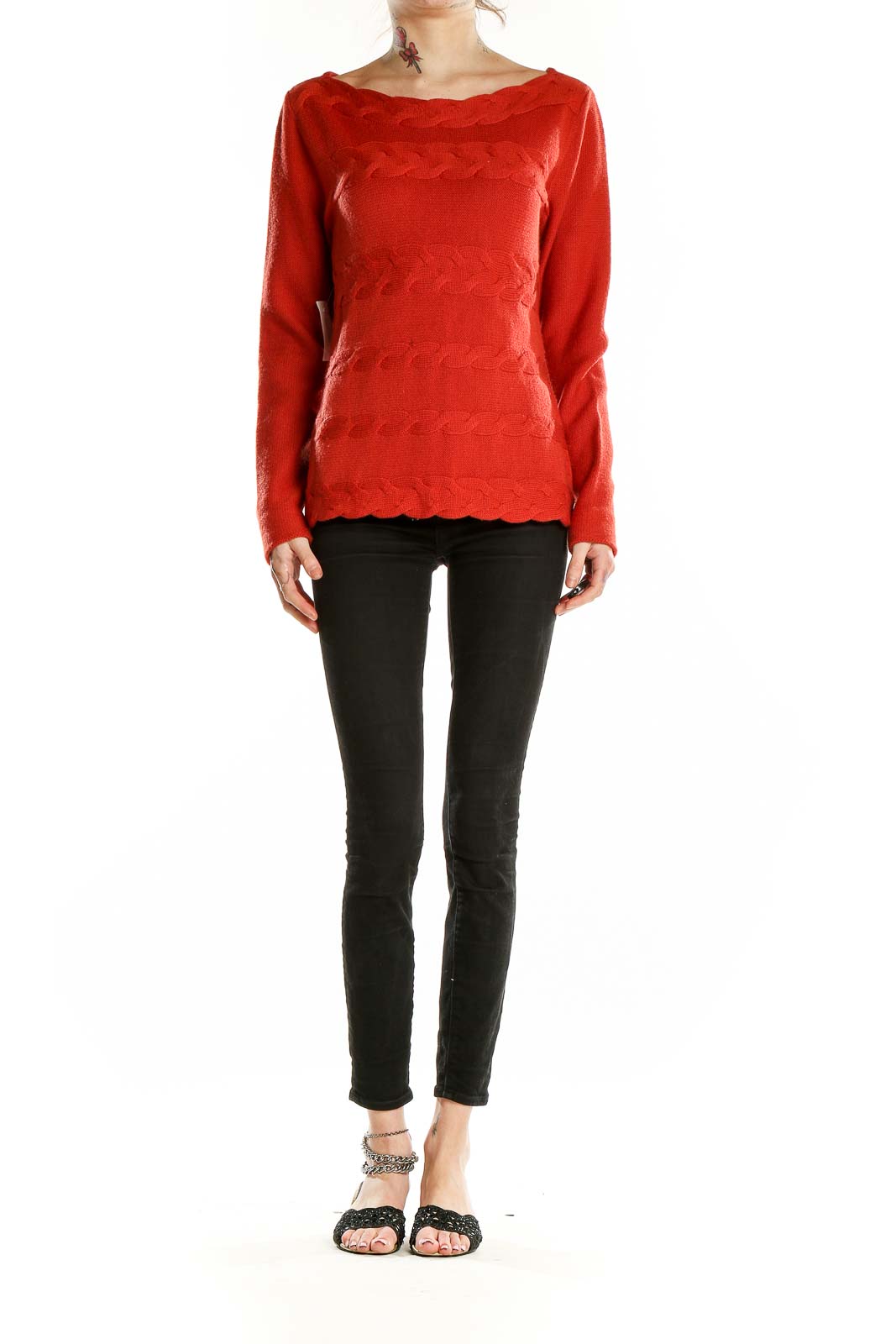 Front view of red Antonio Melani Merino wool sweater with scalloped knit pattern