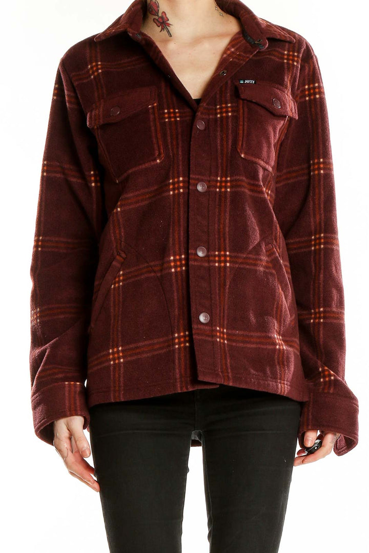 Front view of Jetty burgundy plaid recycled polyester jacket with button-up front and chest pockets