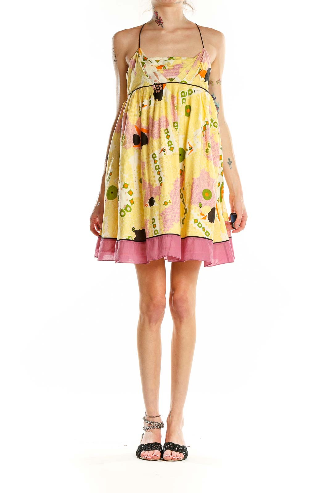 Front view of yellow floral print halter sundress by Catherine Malandrino