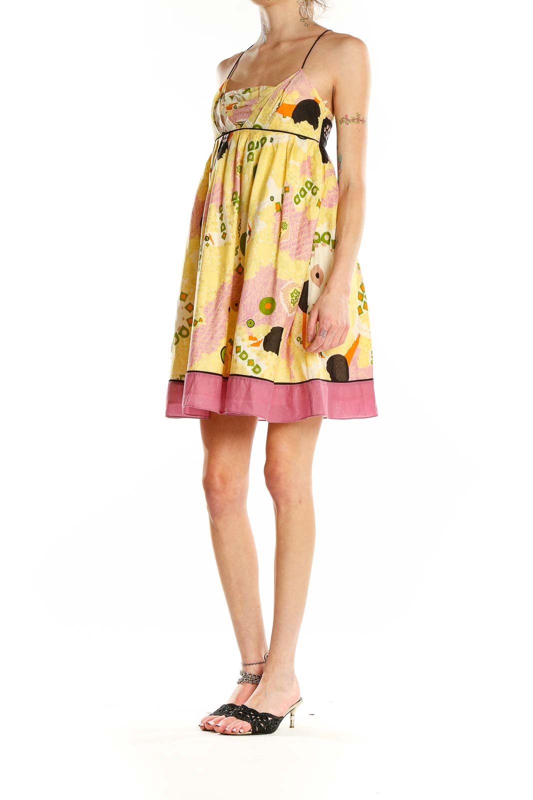 Front view of yellow floral print halter sundress by Catherine Malandrino