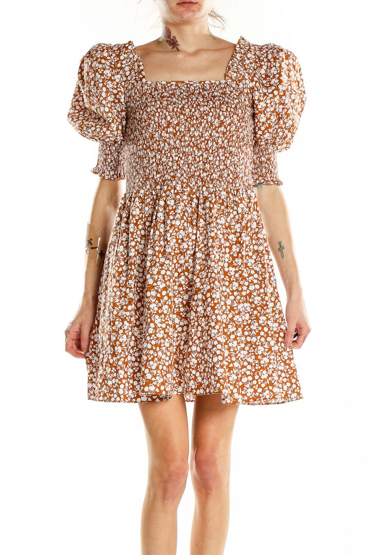 Orange White Flare Puff Sleeve Floral Dress