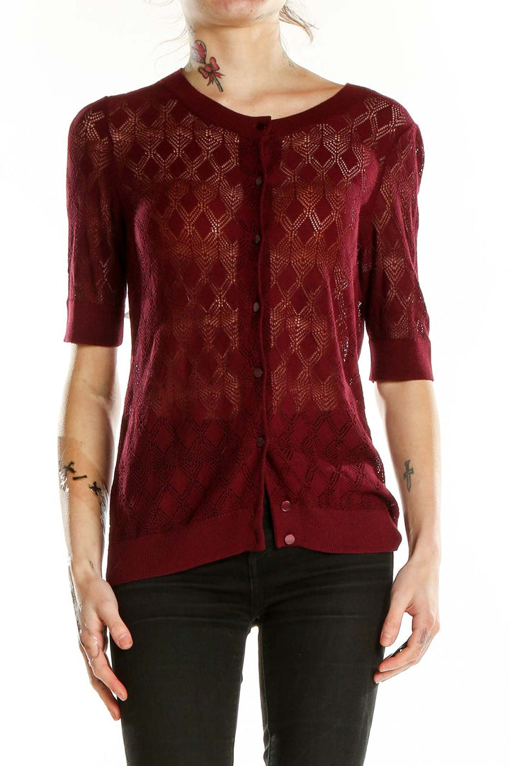 Front view of burgundy Talbots knit cardigan with diamond pattern