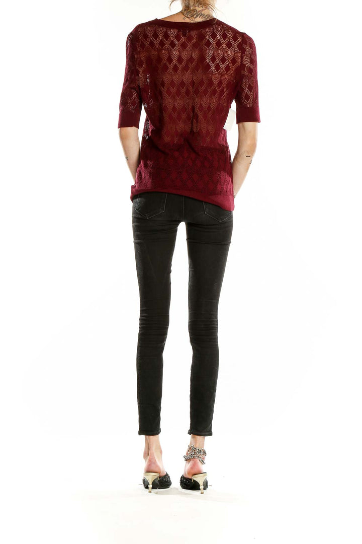 Back view of burgundy Talbots knit cardigan showing diamond pattern detail