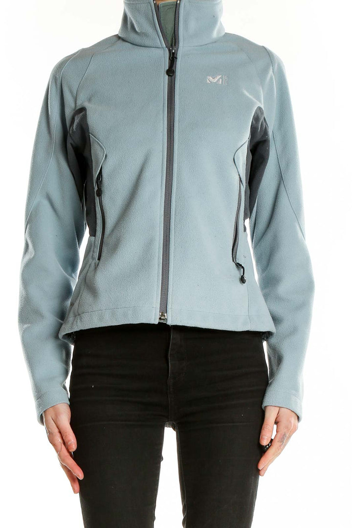 Front view of light blue Millet fleece activewear jacket with full-zip and high collar