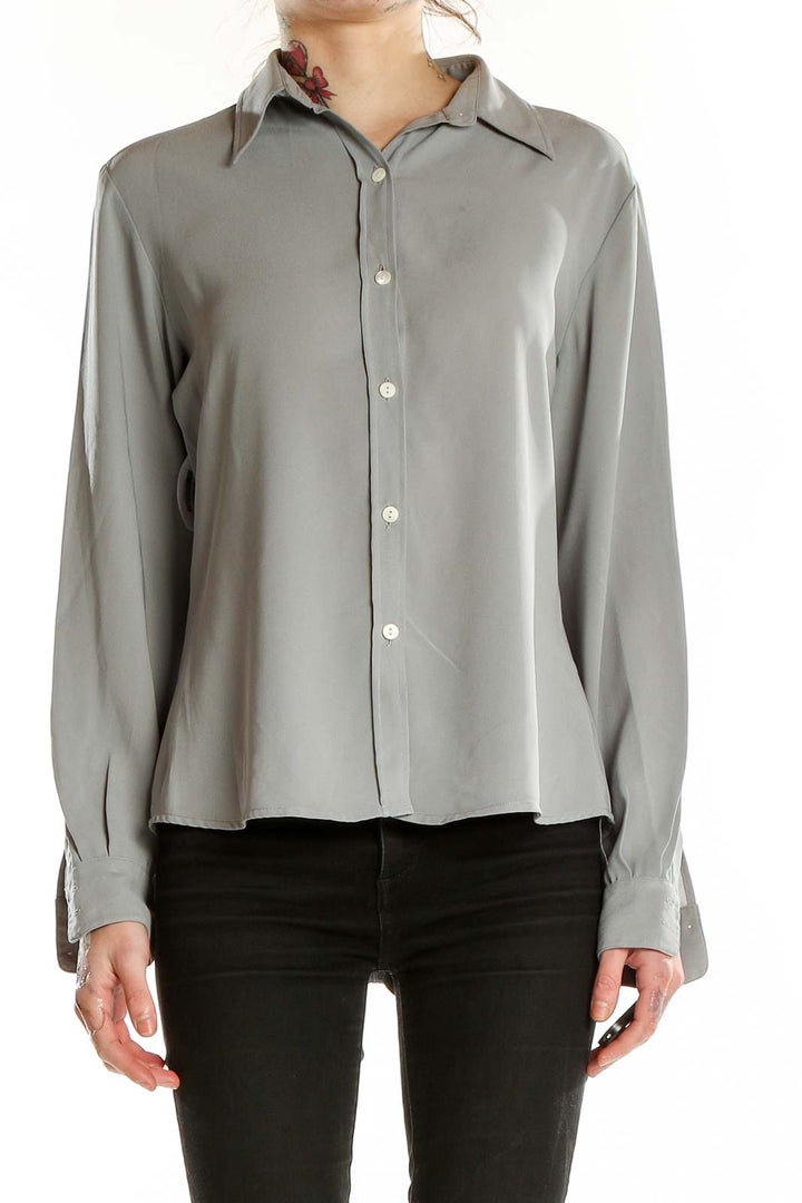 Front view of gray Talbots polyester button-down shirt