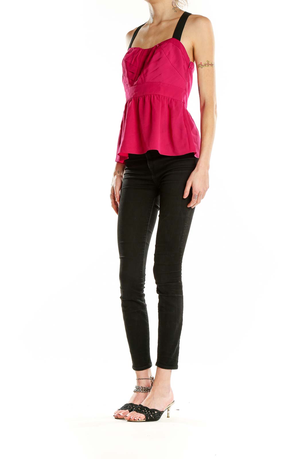 Front view of hot pink Parameter peplum top with sweetheart neckline and black straps