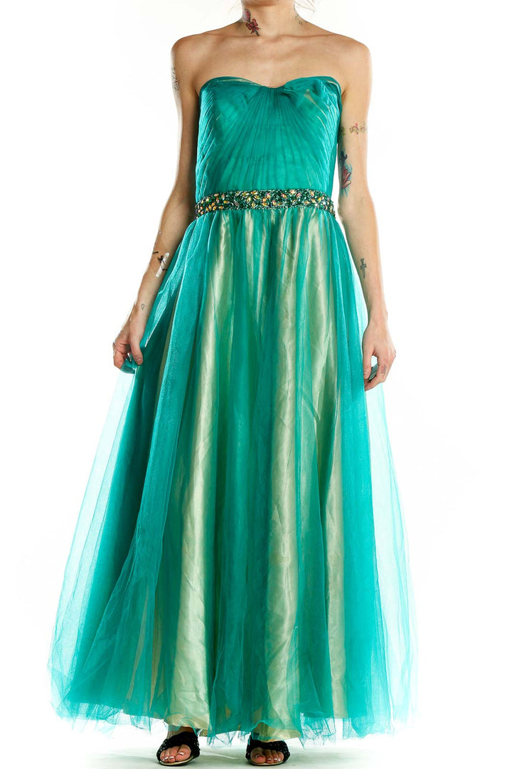 Green Blue Embellished Flare Evening Dress