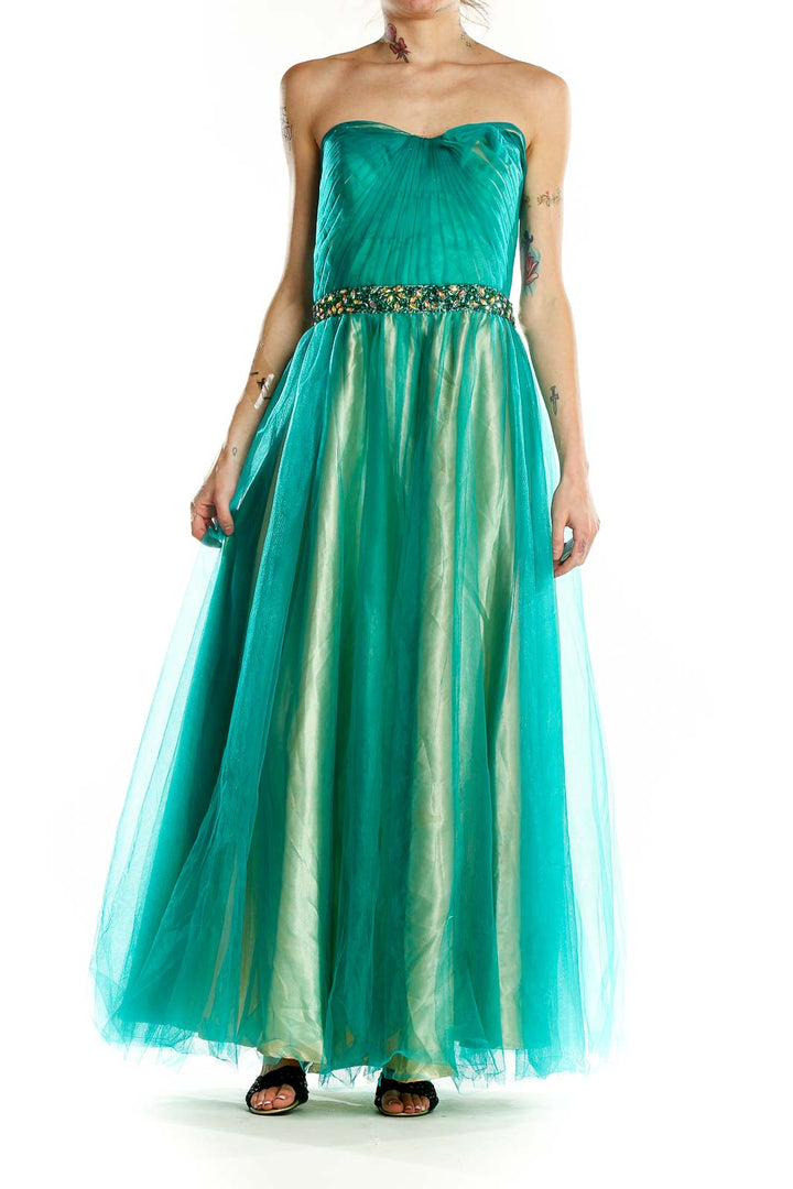 Green Blue Embellished Flare Evening Dress