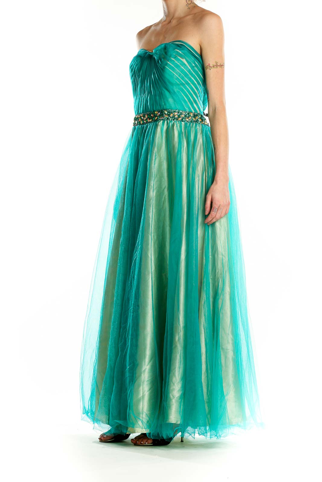 Green Blue Embellished Flare Evening Dress