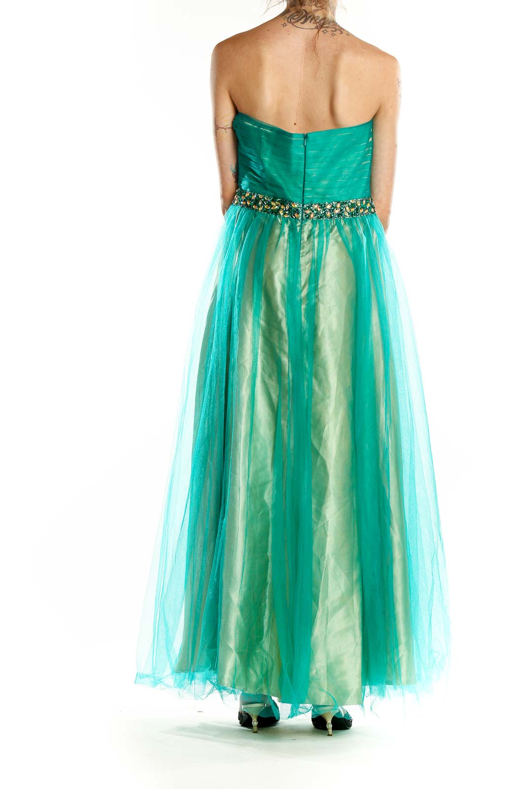 Green Blue Embellished Flare Evening Dress