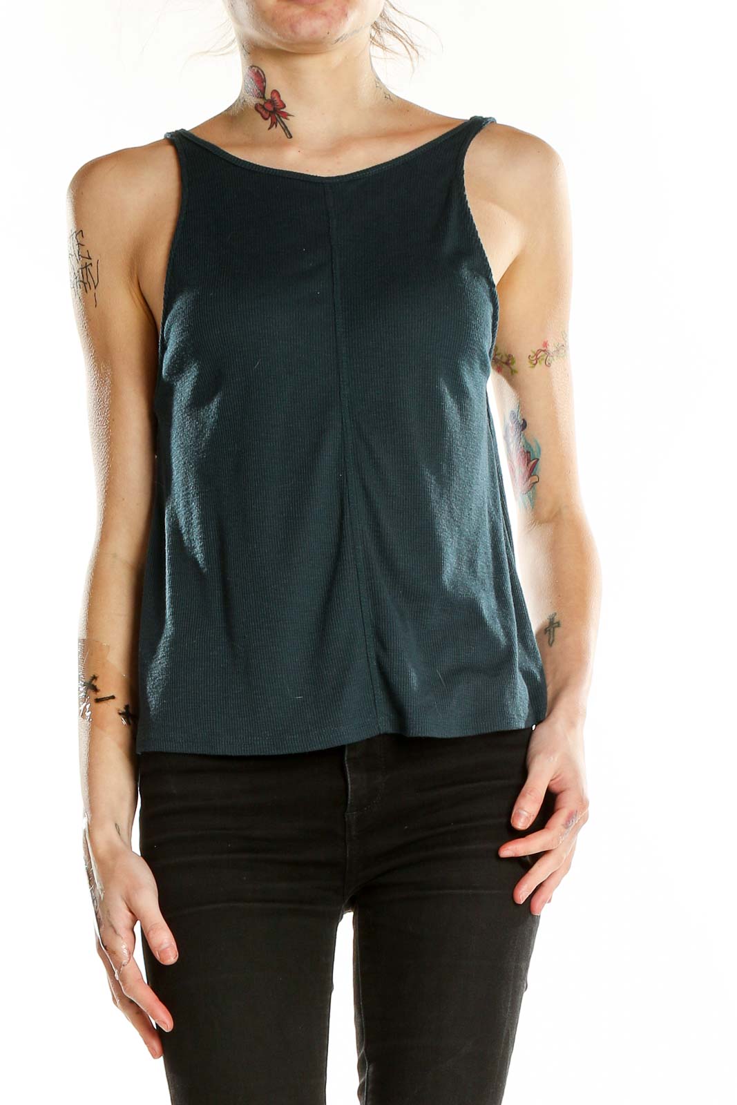 Front view of dark green ribbed tank top from Free People