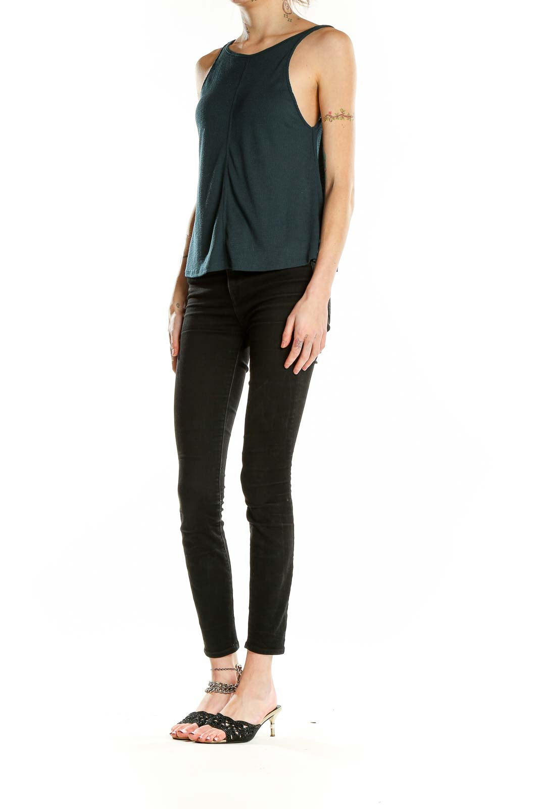 Front view of dark green ribbed tank top from Free People