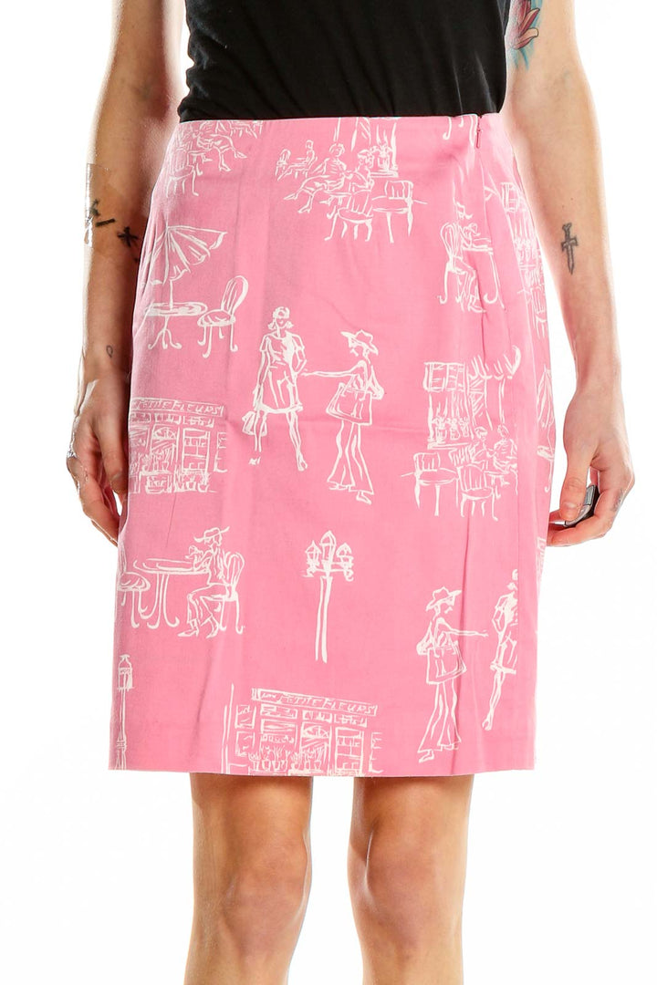 Front view of pink Talbots skirt with white sketched scene print