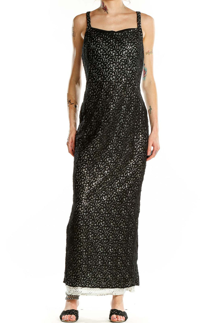 Front view of black floral lace maxi dress with square neckline