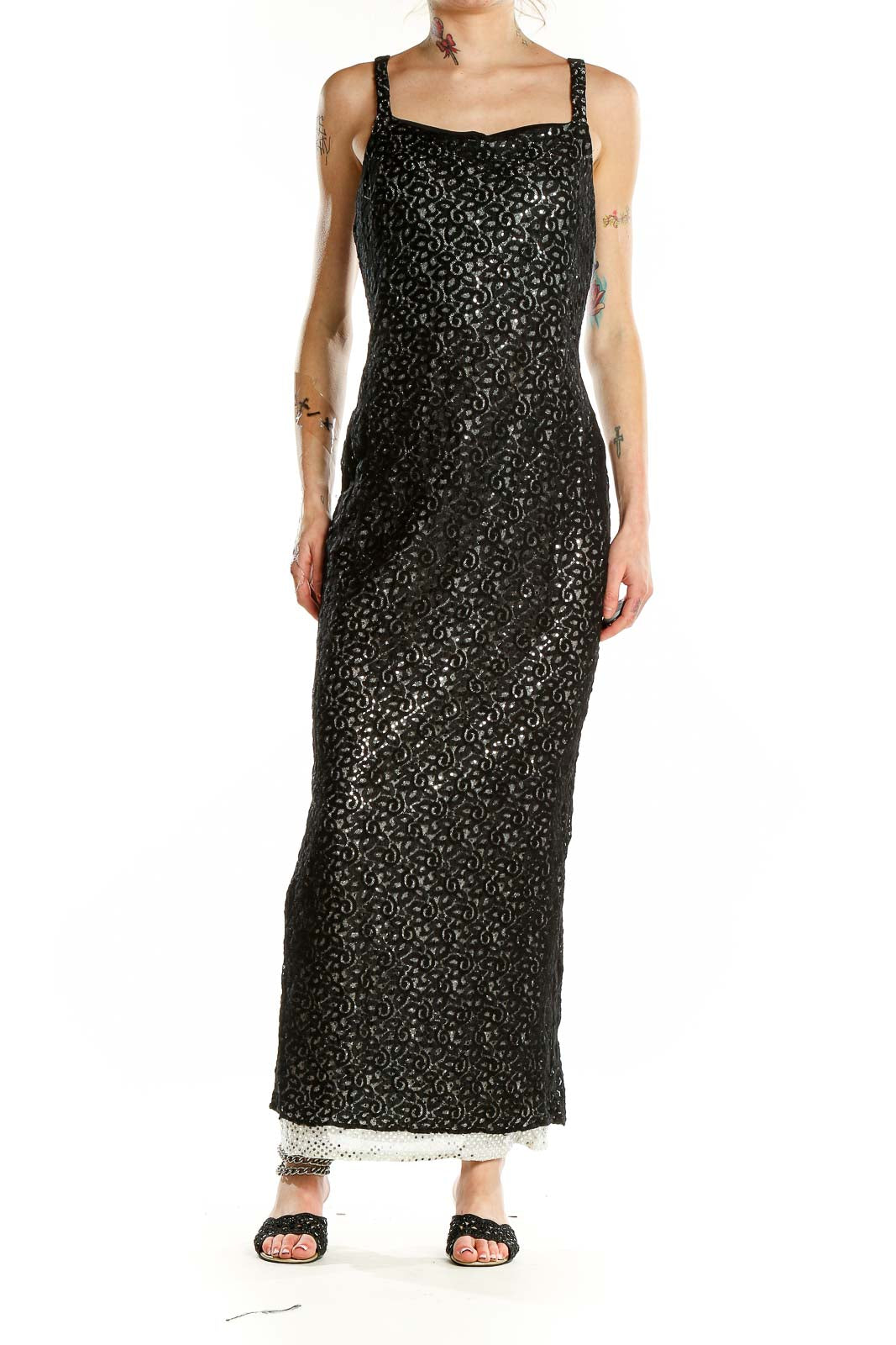 Front view of black floral lace maxi dress with square neckline