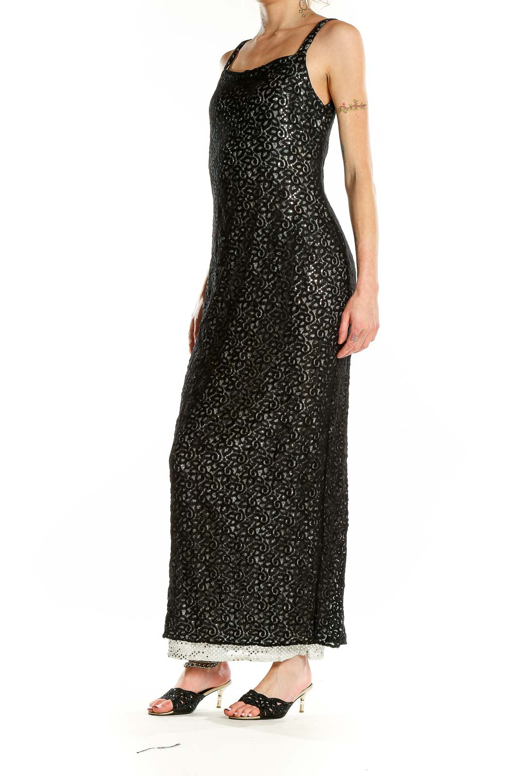 Front view of black floral lace maxi dress with square neckline