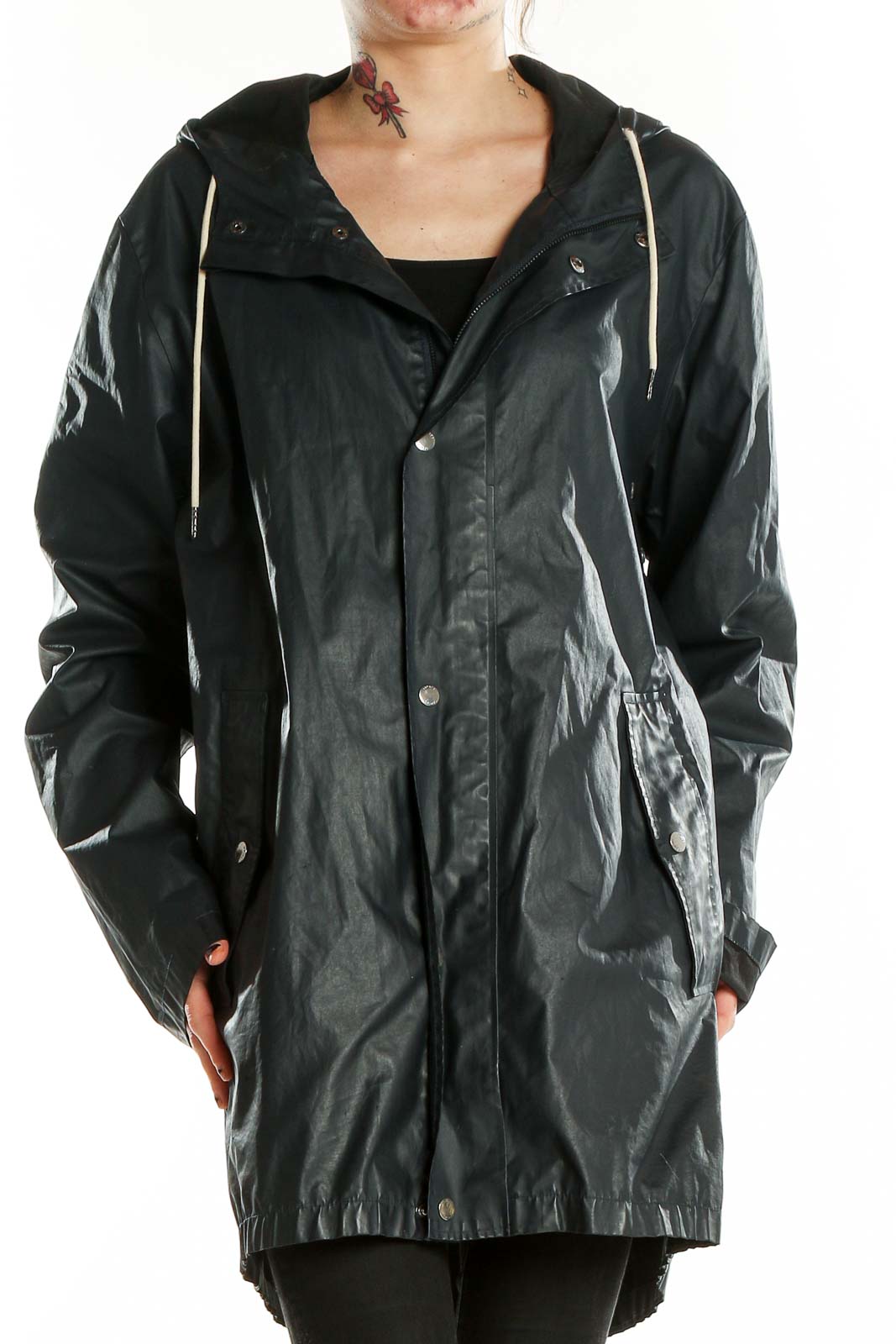 Front view of black Samsoe waterproof jacket with hood