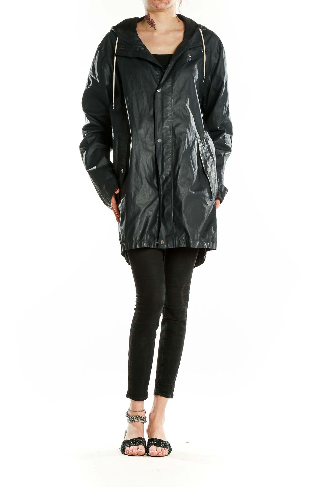 Front view of black Samsoe waterproof jacket with hood