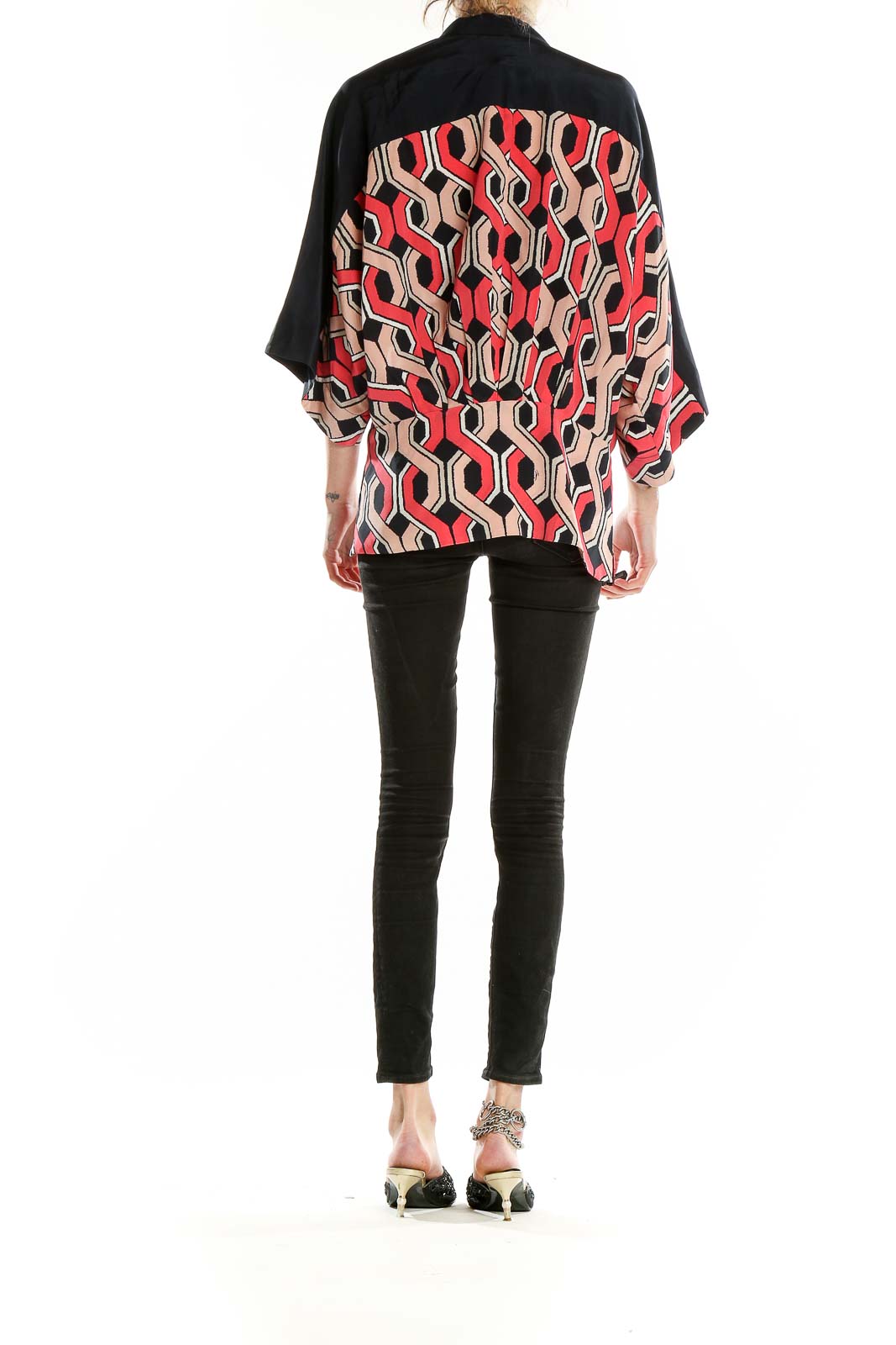 Back view of Trina Turk black, red, and beige geometric print silk kimono top showing full pattern