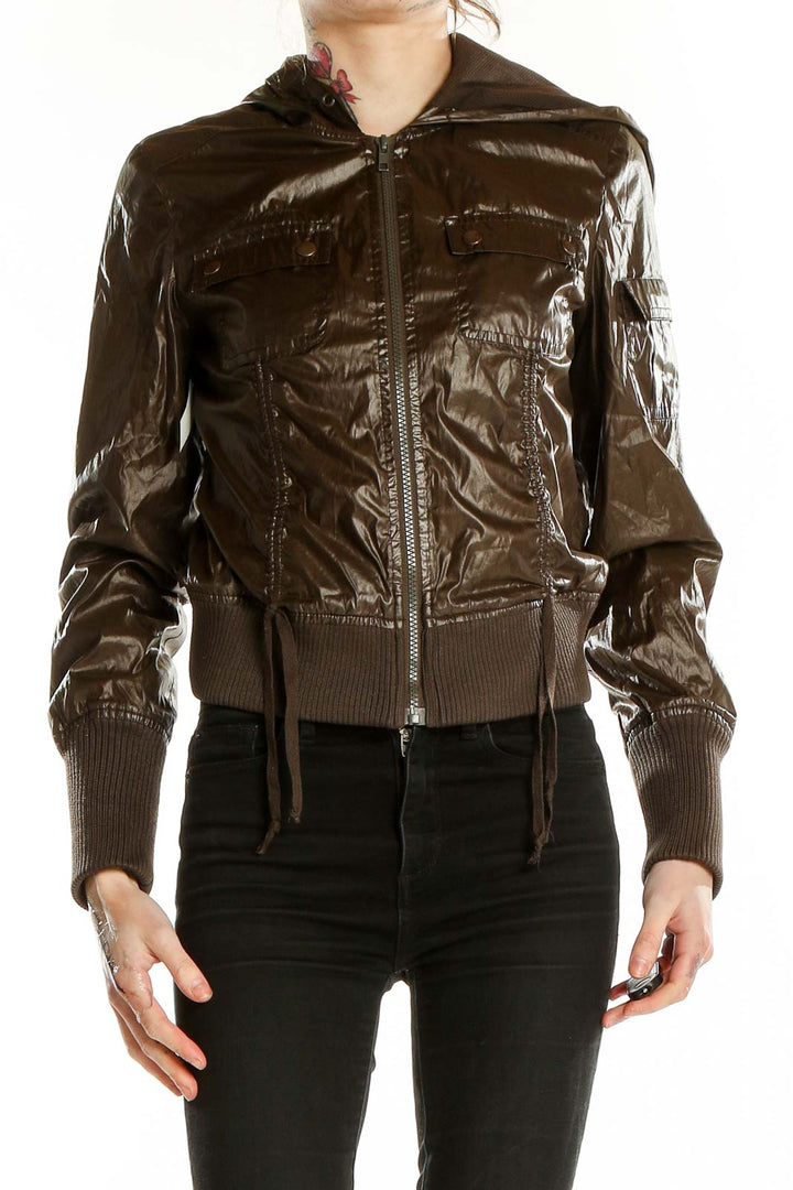 Front view of DKNY Active brown shiny bomber jacket with zipper