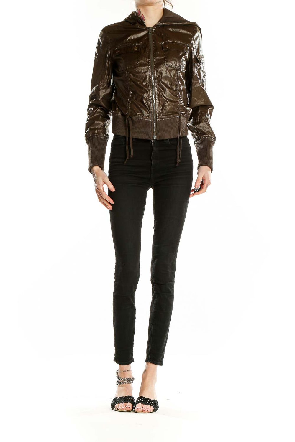 Front view of DKNY Active brown shiny bomber jacket with zipper