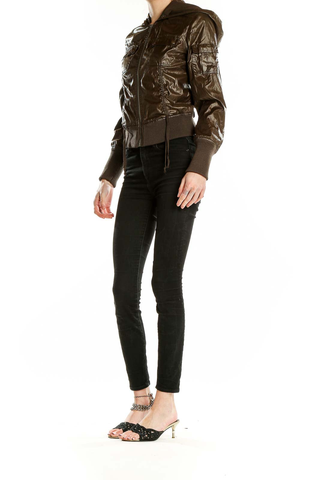 Front view of DKNY Active brown shiny bomber jacket with zipper