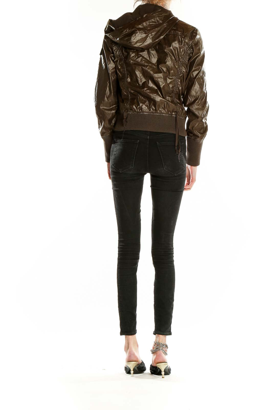 Back view of DKNY Active brown shiny bomber jacket on model