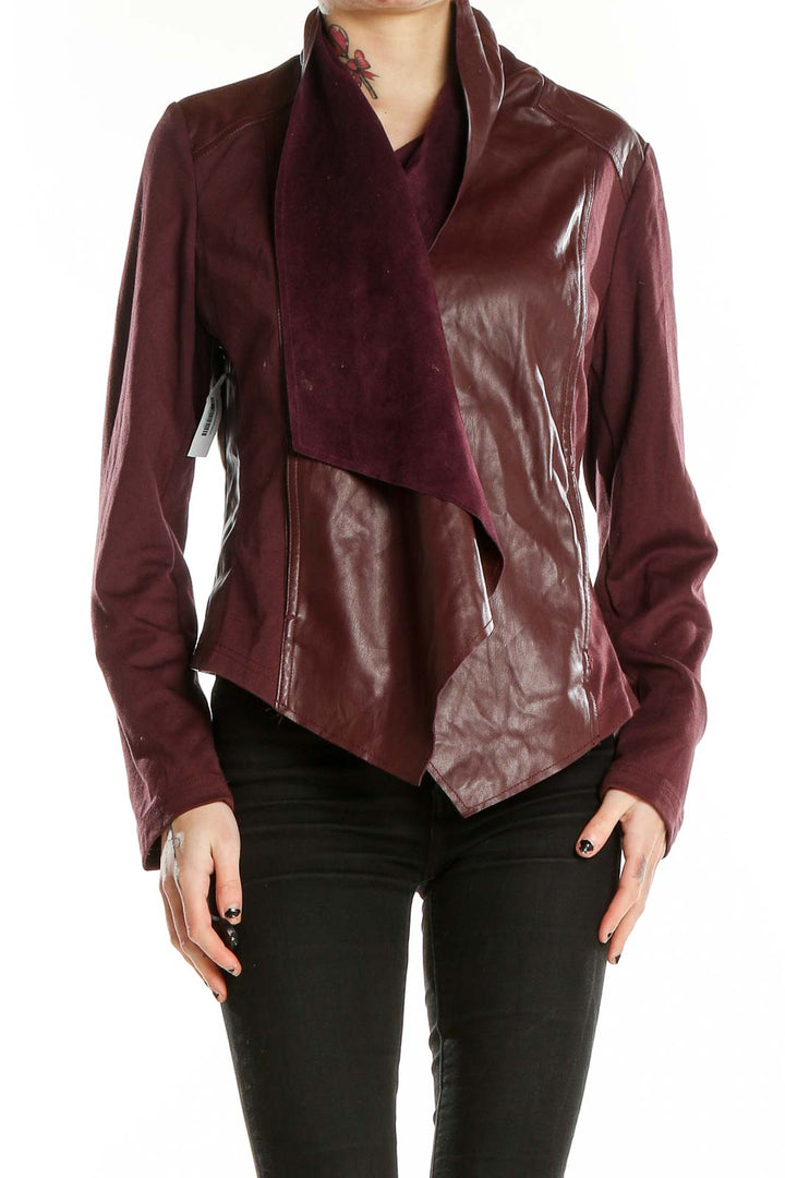 Front view of burgundy faux leather draped jacket by KUT from the Kloth