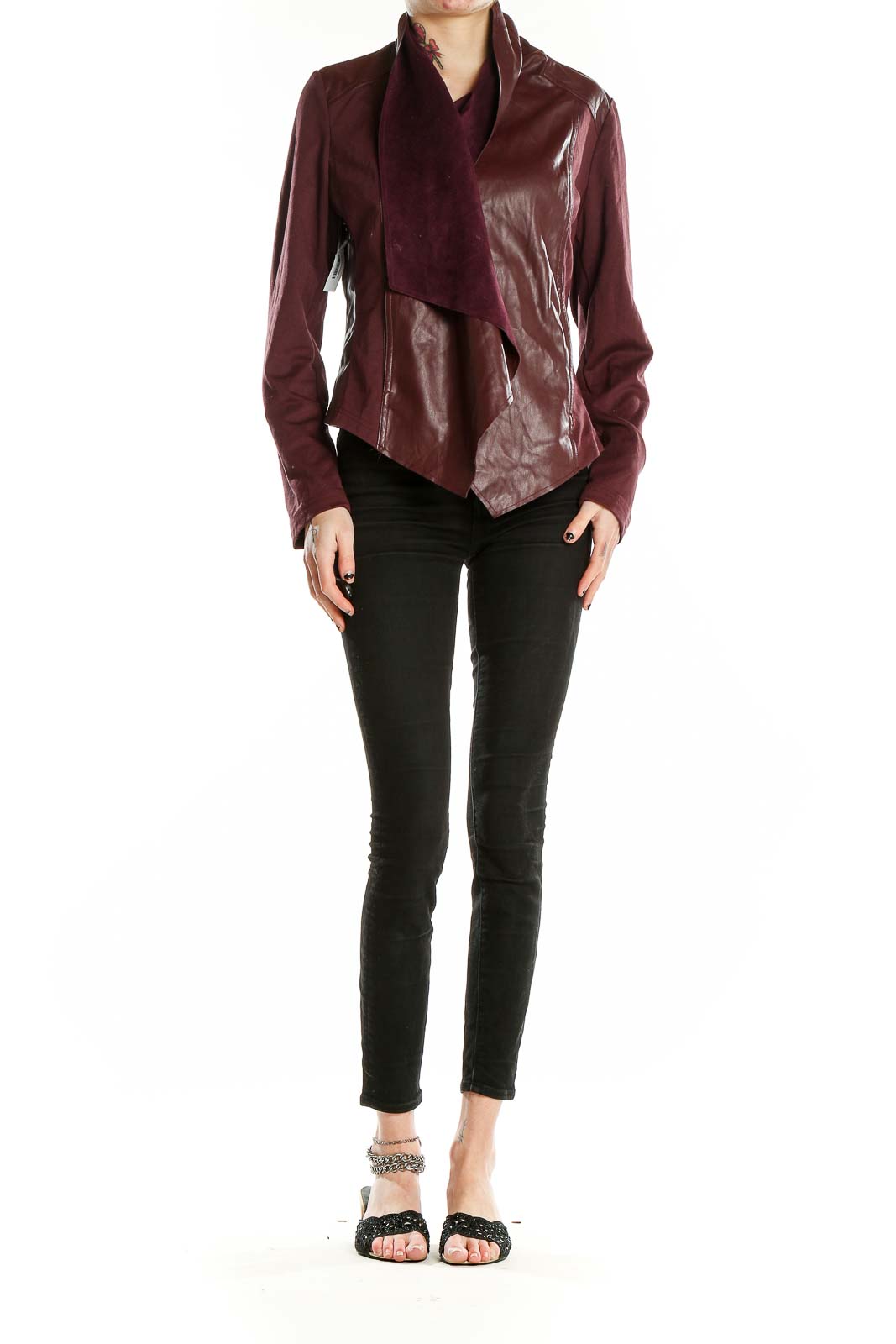 Front view of burgundy faux leather draped jacket by KUT from the Kloth