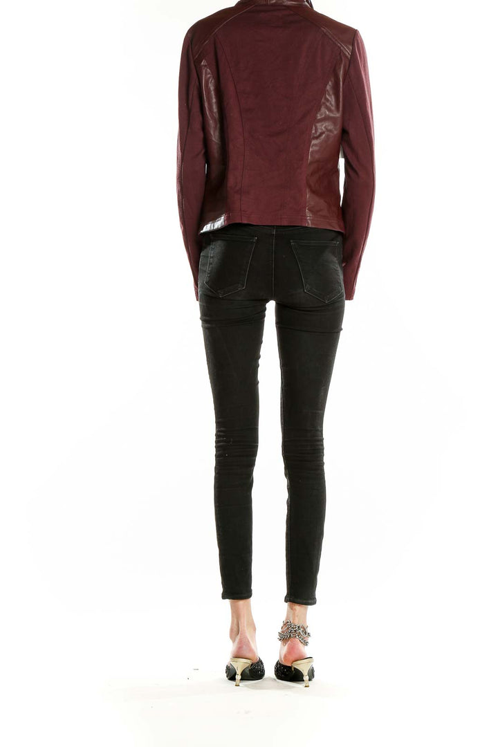 Back view of burgundy faux leather draped jacket by KUT from the Kloth