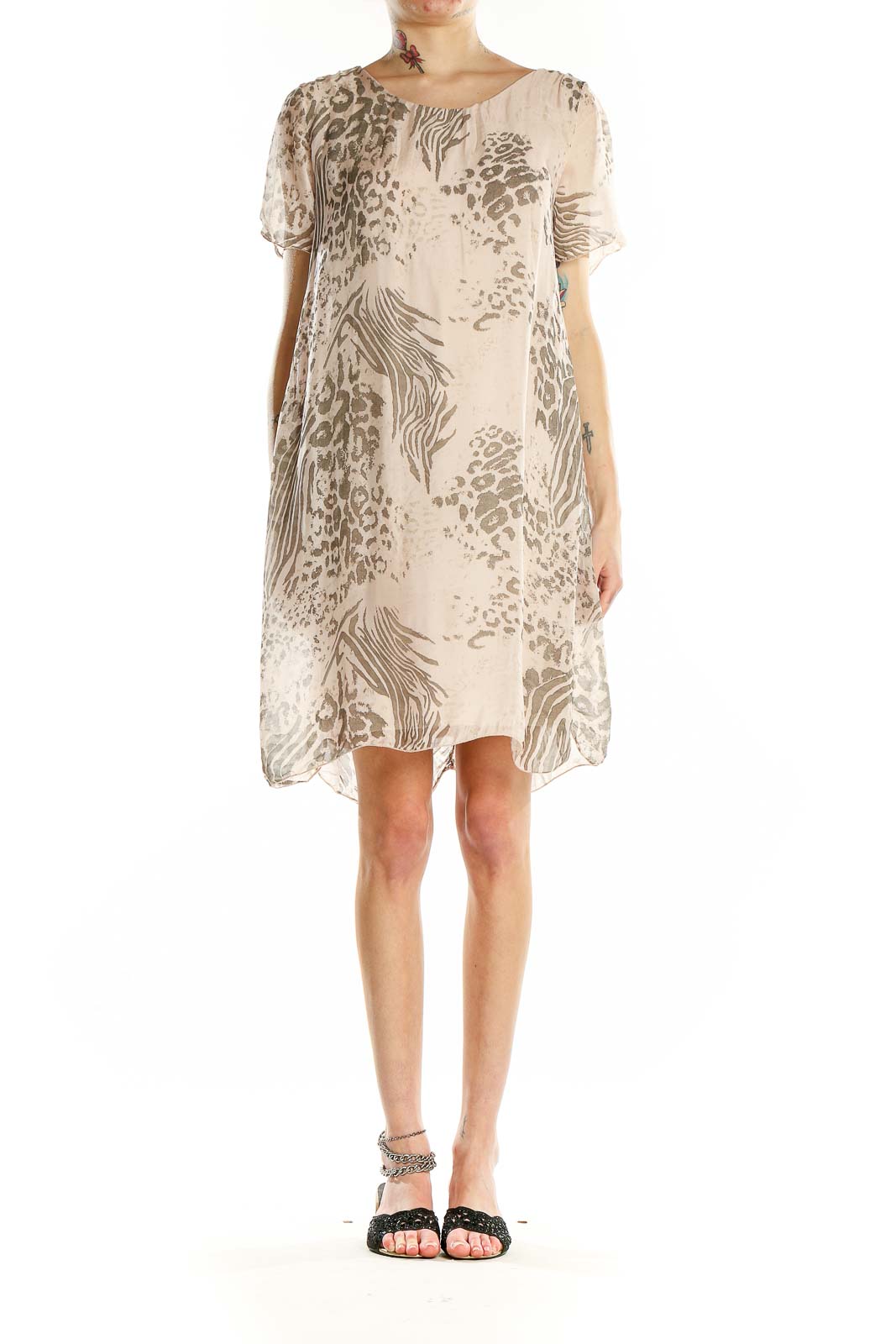 Front view of Elena Baldi beige animal print silk blend shift dress