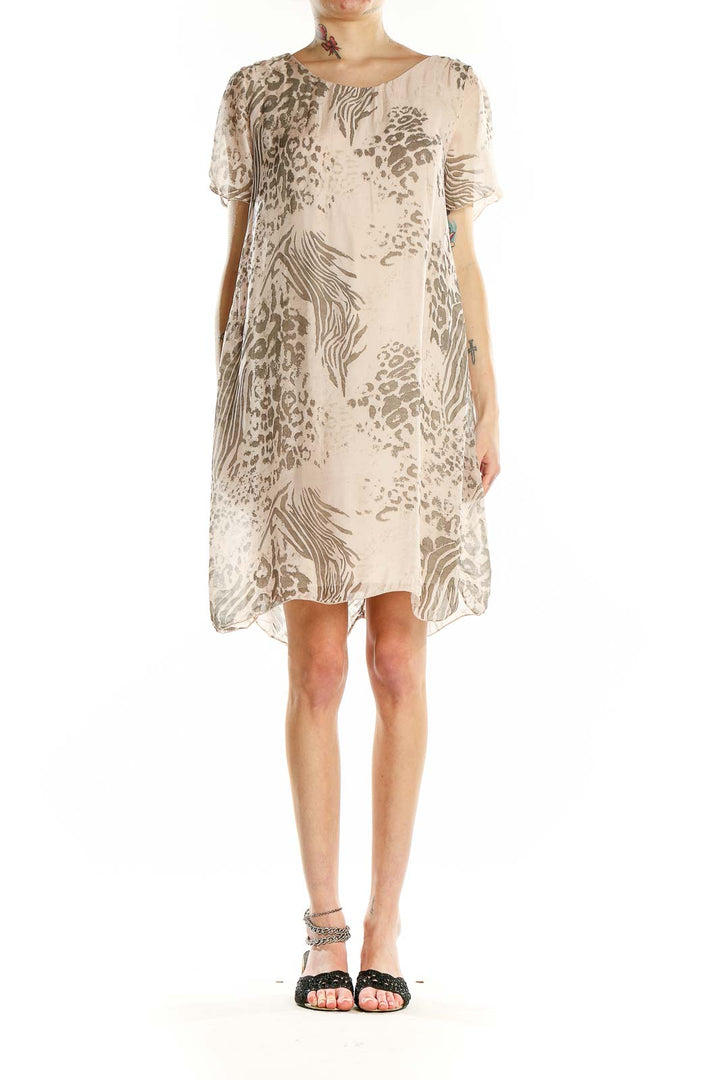 Front view of Elena Baldi beige animal print silk blend shift dress