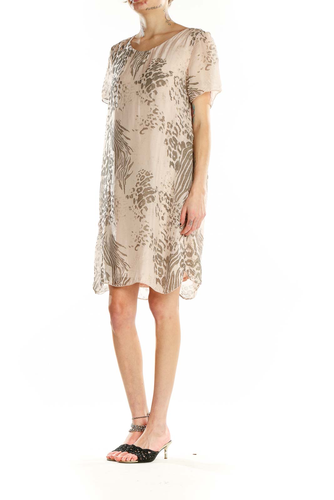 Front view of Elena Baldi beige animal print silk blend shift dress