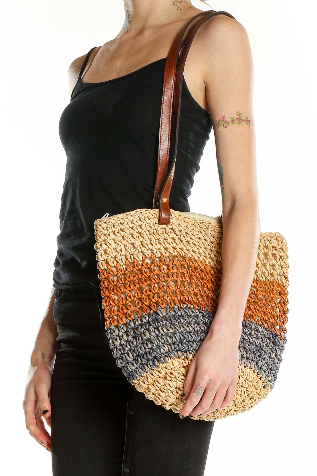 Beige Orange Straw Tote