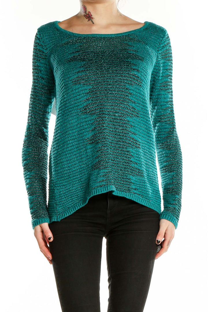 Front view of teal metallic knit sweater by Rock & Republic